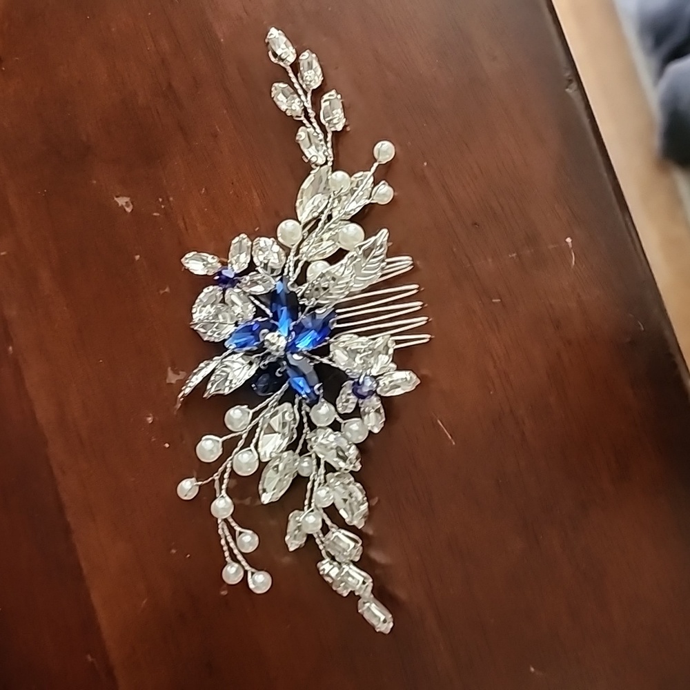 Blue rhinestone wedding hair comb by Olbye